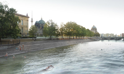 Flussbad an der Museumsinsel, Visualisierung des Einstiegs am Alten Museum (Foto: Axel Schmidt, realities:united/Flussbad Berlin e.V.)