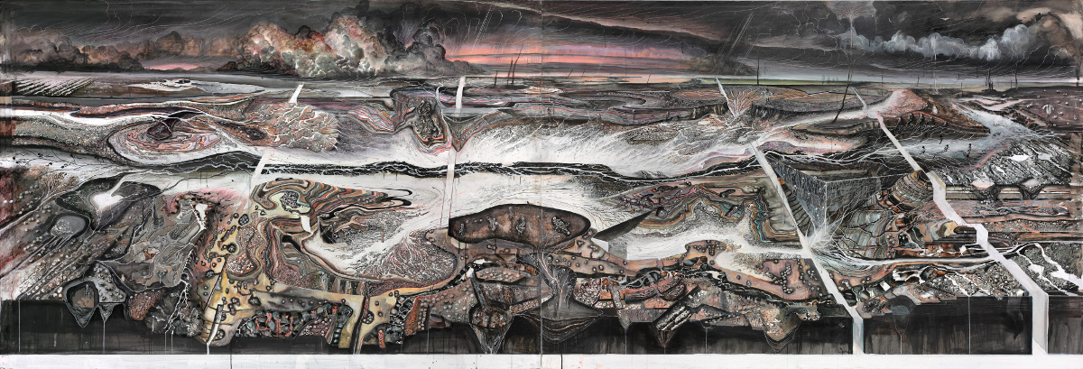 Die monumentale Landschaft in Tusche, Gouache und Buntstift von Michael Wutz