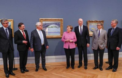 Bill McDermott, Jann Jakobs, Hasso Plattner, Angela Merkel, Dietmar Woidke, Bill Gates und Christoph Meinel im Museum Barberini