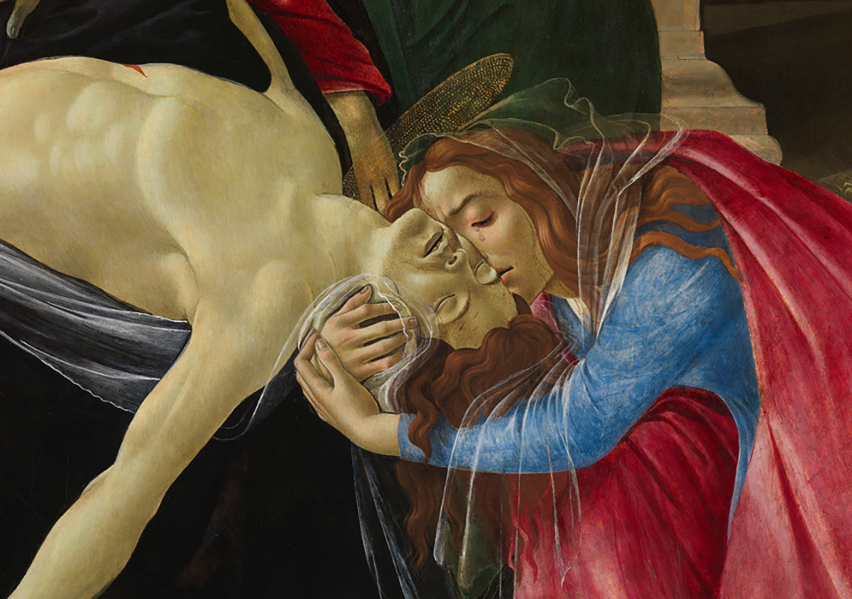 Sandro Botticelli, Beweinung Christi (Detail: Klagefrau und Christus), um 1490/95. Zustand nach der Restaurierung. Alte Pinakothek, München