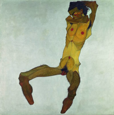 Egon Schiele, „Sitzender Männerakt (Selbstdarstellung)“, 1910, Öl, Deckfarbe auf Leinwand, Foto: Leopold Museum Wien
