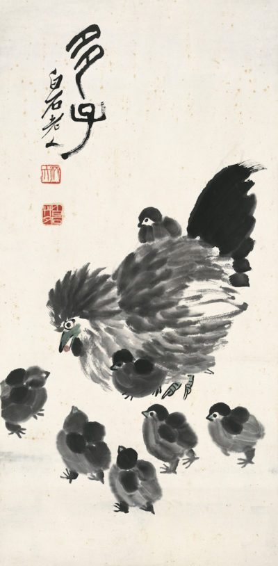 Henne und Küken, Album chinesischer Tierkreiszeichen, 10 von 12, Qi Baishi, Chinesische Tusche auf Papier, 68.3×33.5 cm, 1943, Sammlung der Kunstakademie Peking © Beijing Fine Art Academy