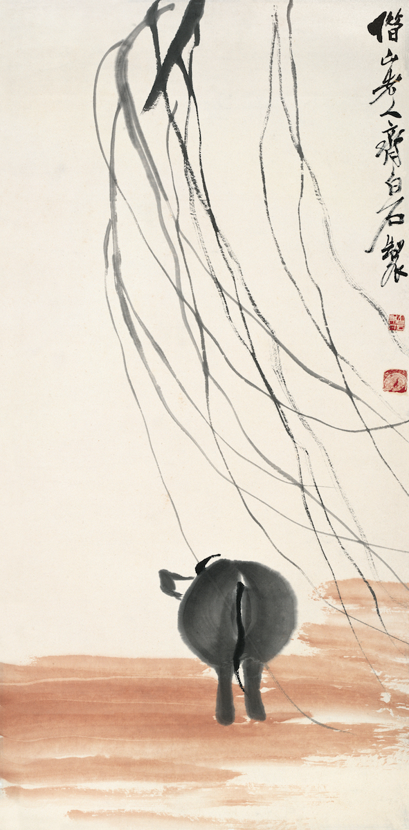 Rückkehr der Kuh im Sonnenuntergang, Album der chinesischen Tierkreiszeichen, 2 von 12, Qi Baishi, Farben auf Papier, 67.5×33 cm, 1938, Sammlung der Kunstakademie Peking © Beijing Fine Art