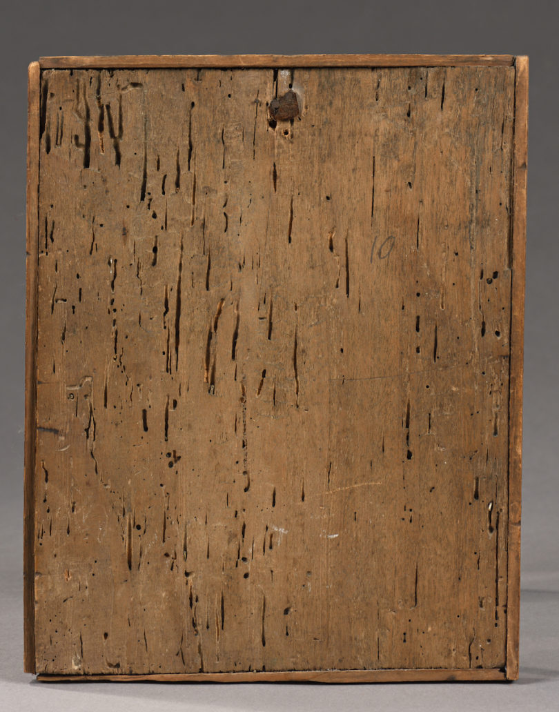 Die Rückseite der 25,8 x 20,3 cm kleinen Tafel. Cimabue, „Die Verspottung Christi“, Eitempera und Goldgrund auf Pappelholz.
