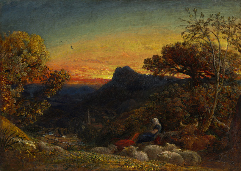 Samuel Palmer, „Landschaft“, um 1830, Öl, Tempera / Papier / Holz, 26,5 x 38 cm, angeboten von Guy Peppiatt Fine Art Ltd, Abbildung: Guy Peppiatt Fine Art Ltd