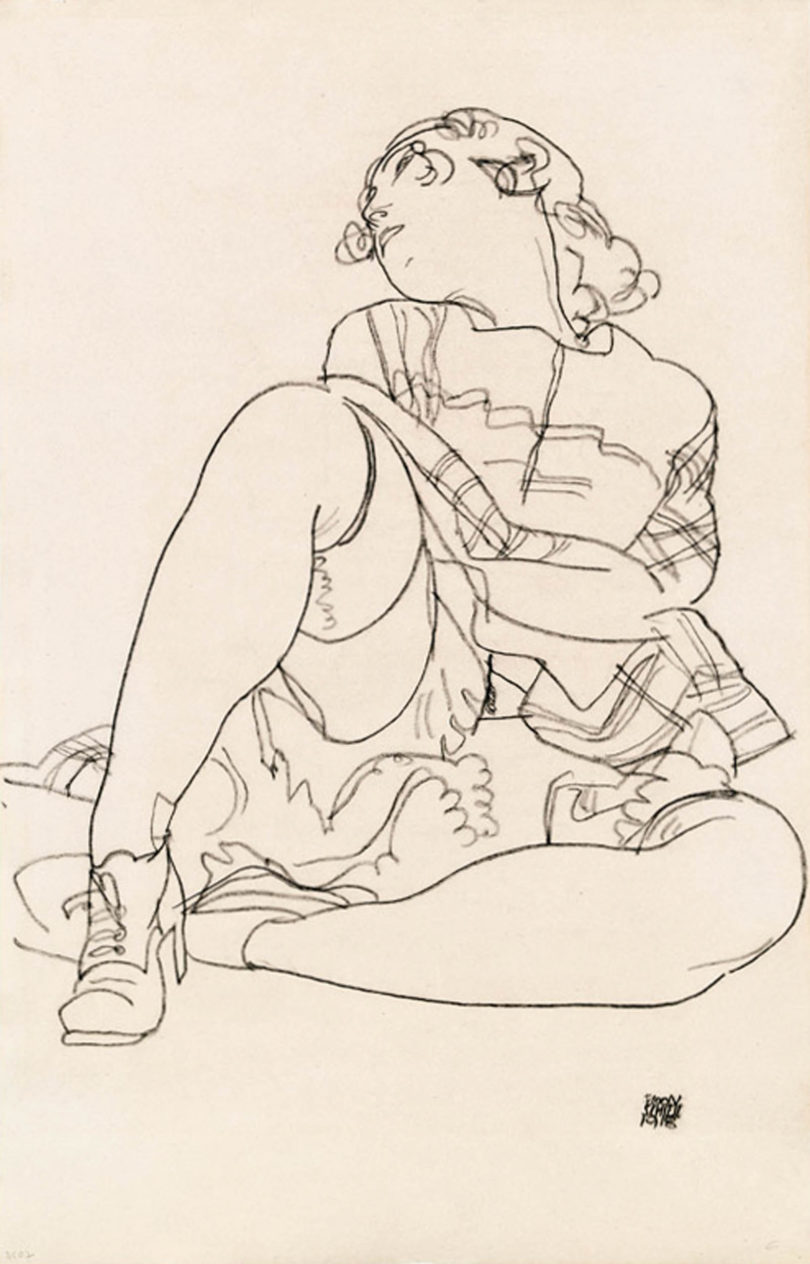 „Sitzendes Mädchen mit zurückgeworfenem Kopf“, (1918, signiert) von Egon Schiele versteigert Hassfurther zur Taxe von 100.000 Euro (© Hassfurther)