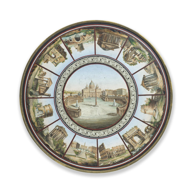 Der Londoner Händler Brun Fine Art bietet einen Tisch aus dem 19. Jahrhundert mit römischen Ansichten in Mikromosaik.
