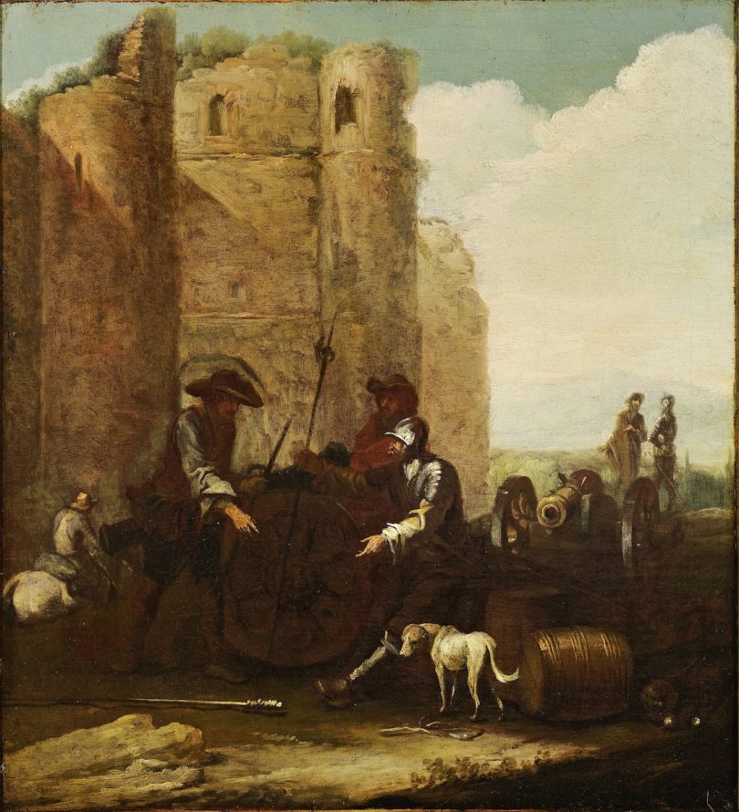 Ein Bildpaar mit „Kriegsszenen“ von Georg Philipp I Rugendas, hier zu sehen eines der 41,5 mal 39 Zentimeter großen Pendants, verbesserte sich im Februar 2020 auf Schloss Ahlden von 4800 auf 6000 Euro. © Schloss Ahlden