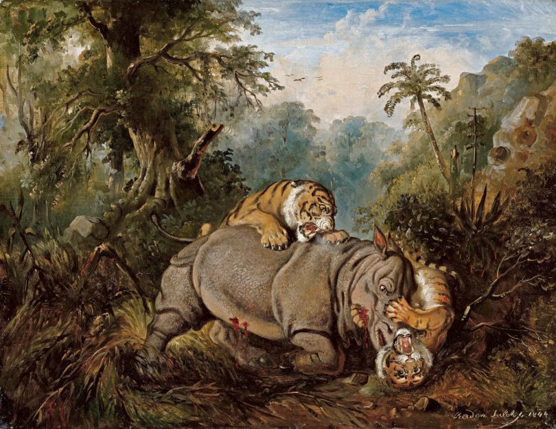 Raden Saleh Ben Jaggia (1814–1880), ein Prinz aus Java, der in Dresden als Maler Furore machte, hat um 1840 einen Kampf zwischen zwei Tigern und einem Nashorn imaginiert – der am 14. November 2014 bei Van Ham in Köln 440.000 Euro realisierte. © Van Ham, Köln