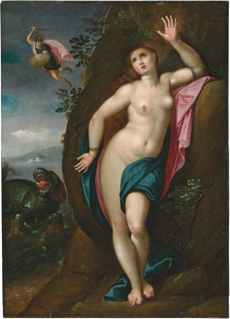 Am 28. November 2019 erzielte Hans Rottenhammers Gemälde mit Perseus, der Andromeda vor einem eher possierlich geratenen Ungeheuer rettet, bei Bassenge 18.000 Euro. © Bassenge, Berlin
