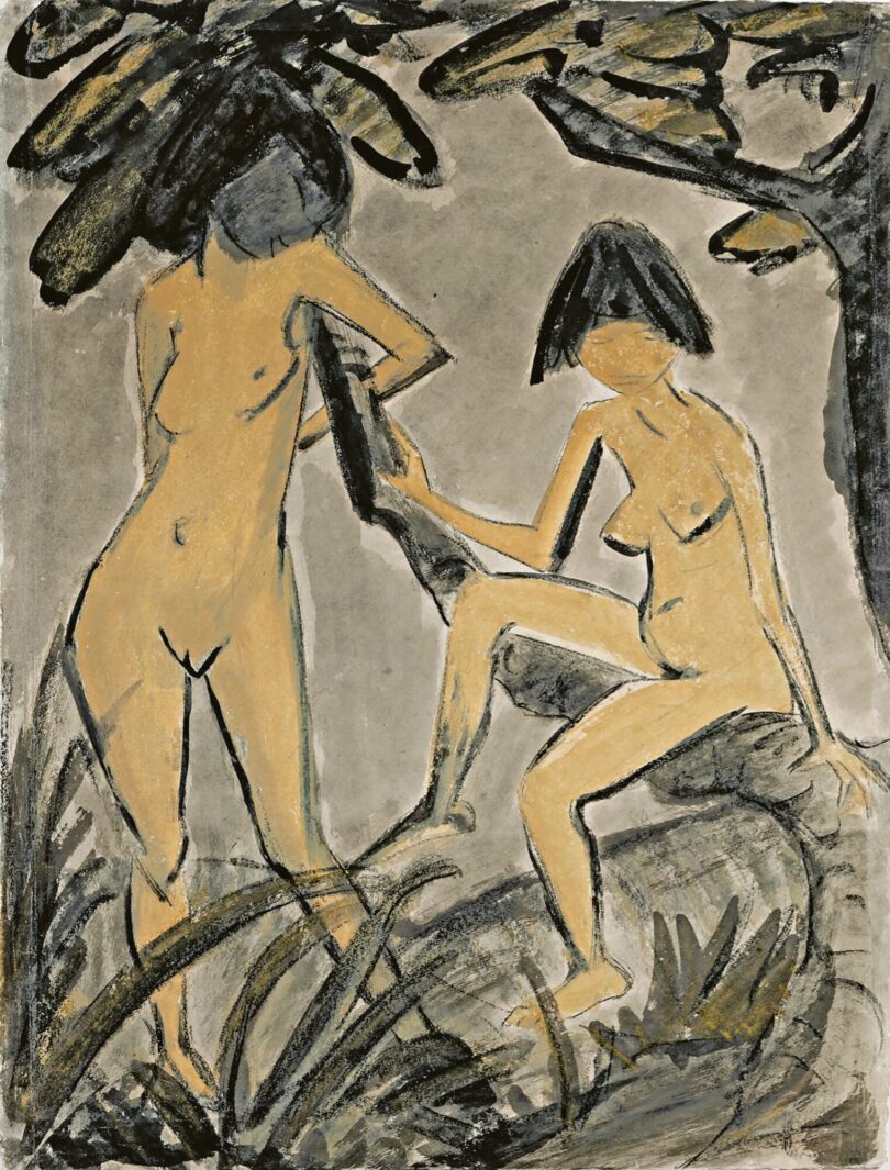 Otto Müller, „Zwei weibliche Akte am Baum“, Aquarell, Gouache, Tinte, Farbkreide, 1925, 68,2 x 52,2 cm, Auktion 21. Oktober 2020 (Taxe 100.000 €) © Sotheby’s, Paris