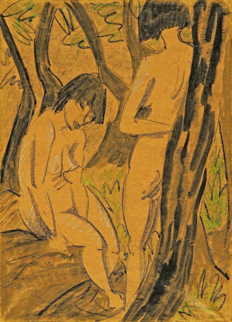 Aquarellwerk mit Farbkreide „Zwei Mädchen im Wald“ von Otto Müller (1874 – 1930), um 1925, Auktion 5. Juni 2023 (Taxe 70.000 €) © Van Ham, Köln