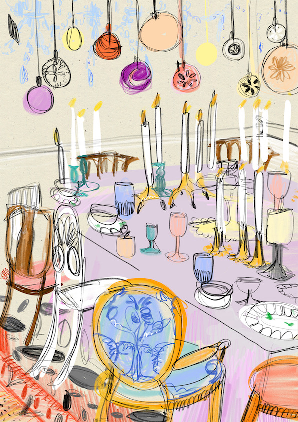 In der Illustration „A Room for Me, and Mine“ von 2022 können die Gäste wie eine moderne Marie Antoinette speisen. © Anjelica Roselyn