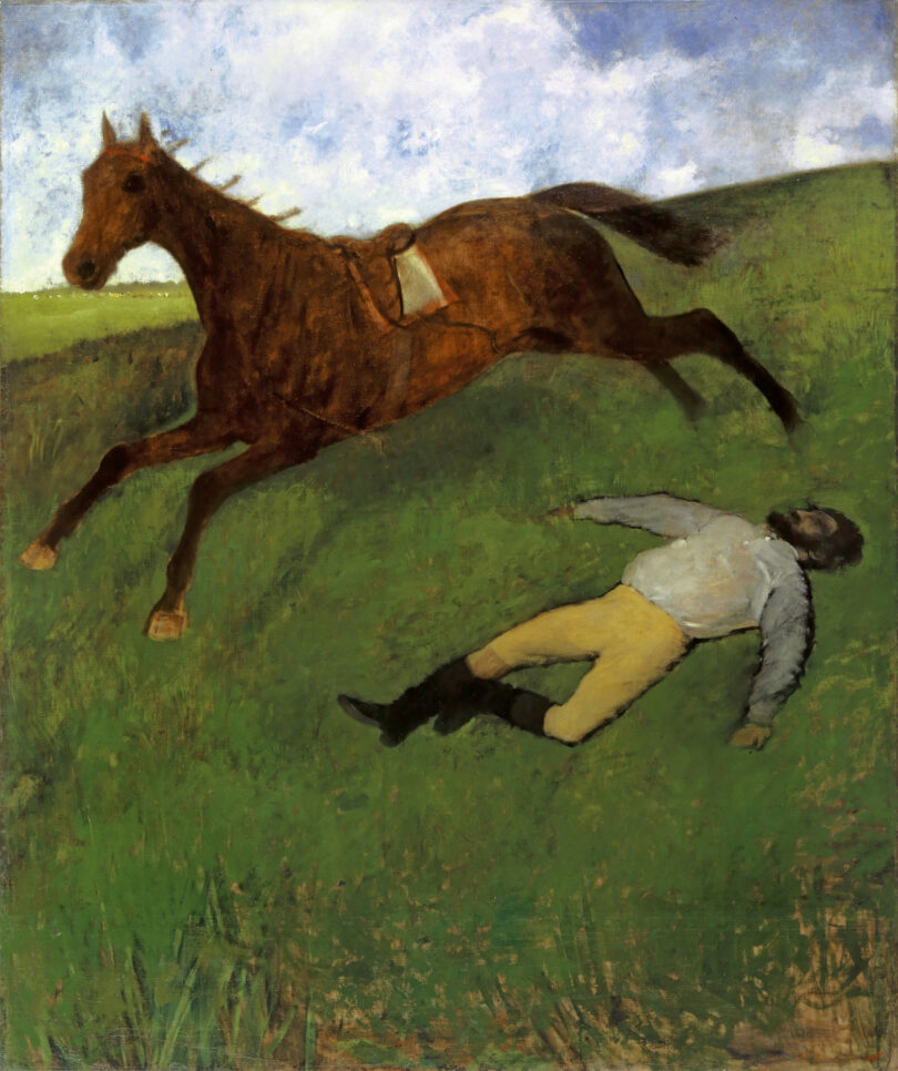 Wie Rosso lehnte Edgar Degas den heroischen Monumentalismus ab, der damals noch sehr verbreitet war: „Verletzter Jockey“, um 1896/98