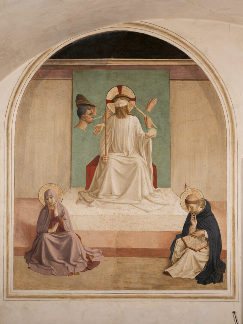 Für jede Mönchszelle im Kloster San Marco in Florenz schuf Fra Angelico ein solches Wandbild: „Verspottung Christi mit Maria und dem heiligen Dominikus“, um 1438/39