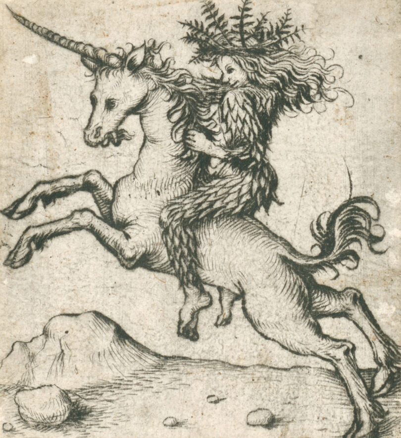 Die Kaltnadelradierung „Wilder Mann auf einem Einhorn“ schuf der Meister des Amsterdamer Kabinetts (Hausbuchmeister) 1473–1477.