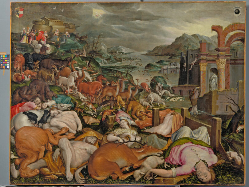 Auch beim „Auszug aus der Arche Noah“ ist das Einhorn dabei, aus Kaspar Membergers 1588 datiertem Bilderzyklus für den Salzburger Fürsterzbischof