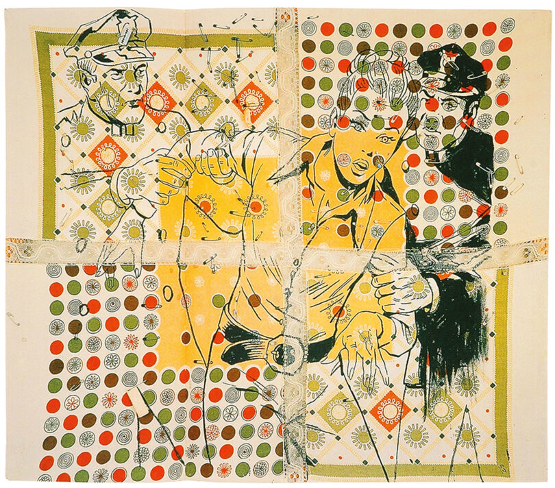 Politischer Stoff: Sigmar Polke lässt auf bunt gemusterten Leinentüchern eine Frau verhaften („Sicherheitsverwahrung“, 1978)