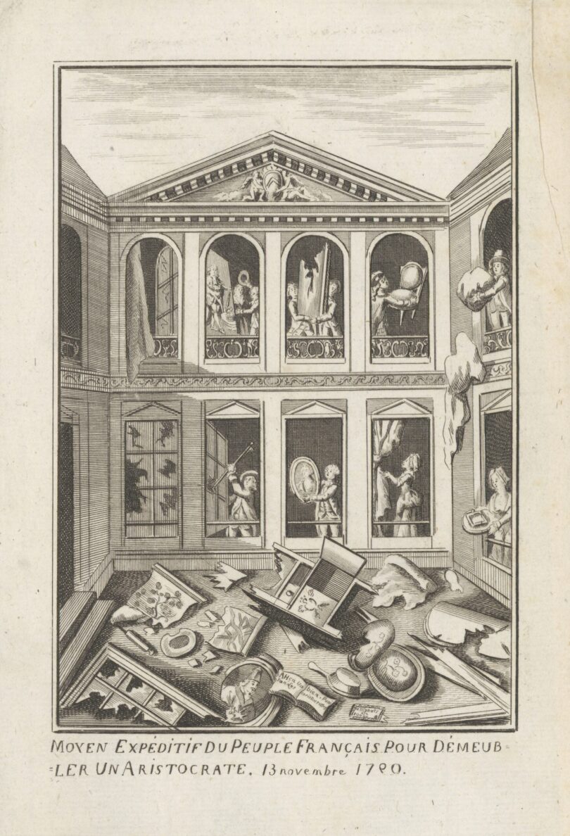 Anonyme Radierung, „Ein Schnellverfahren des französischen Volkes, um einen Aristokraten von seinem Hab und Gut zu befreien“, um 1790