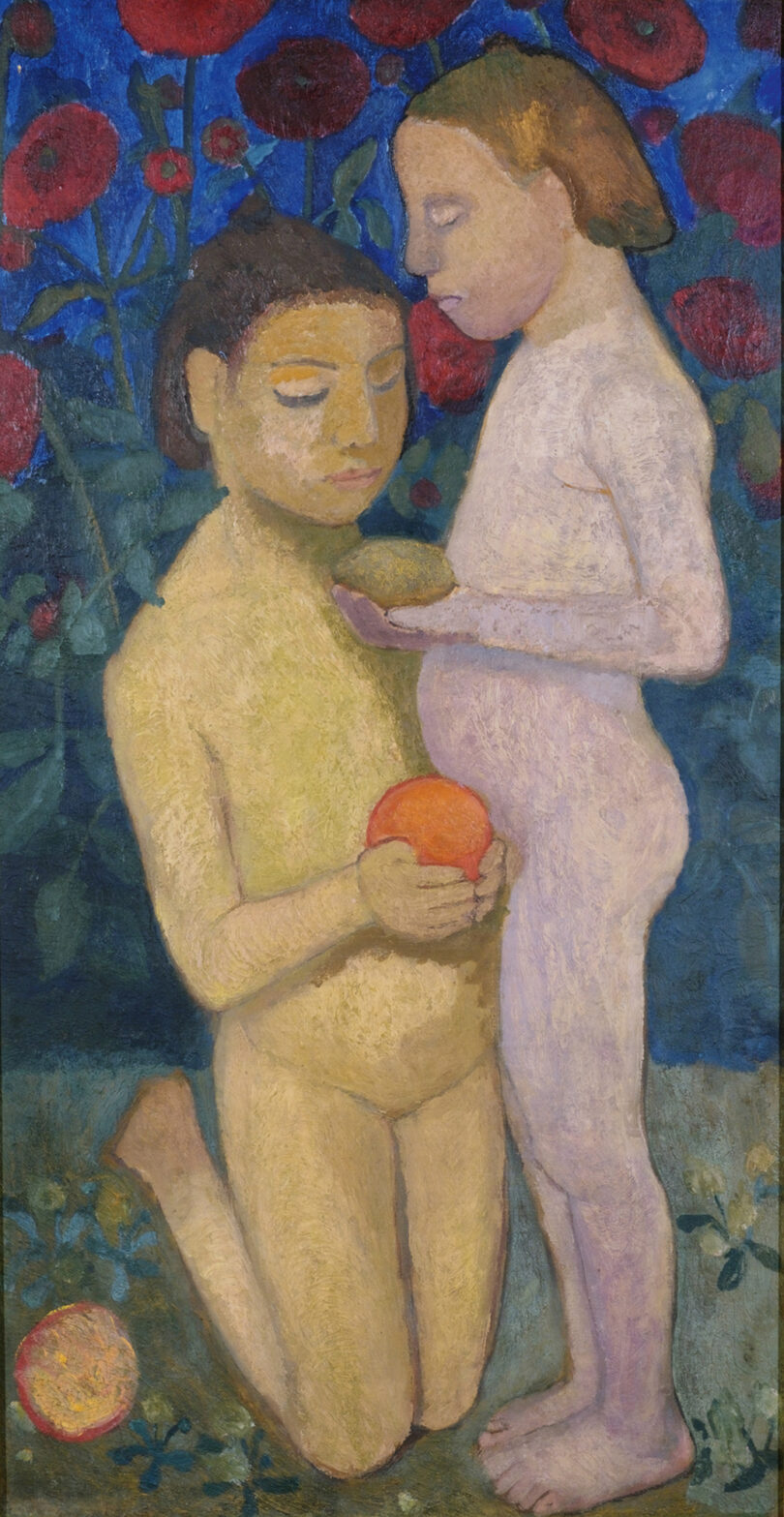 Gefühlvolle Porträtkunst: „Stehender und kniender Mädchenakt vor Mohnblumen II“ (1906). von Modersohn-Becker