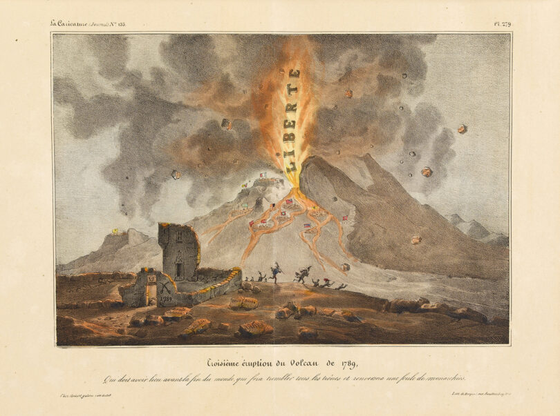 Auguste Desperet prophezeite in der Lithografie „Dritter Ausbruch des Vulkans von 1789“ aus dem Jahr 1833 nach der Märzrevolution von 1830 ein erneutes politisches Erdbe- ben – 1848 entlud es sich