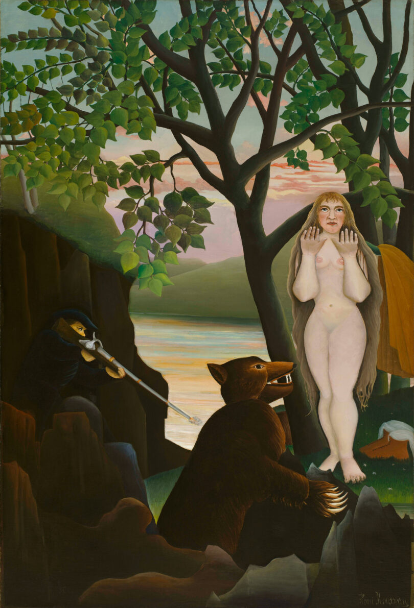 Ein Jäger beendet das zweideutige Treffen von Bär und Frau: „Böse Überraschung“, 1901