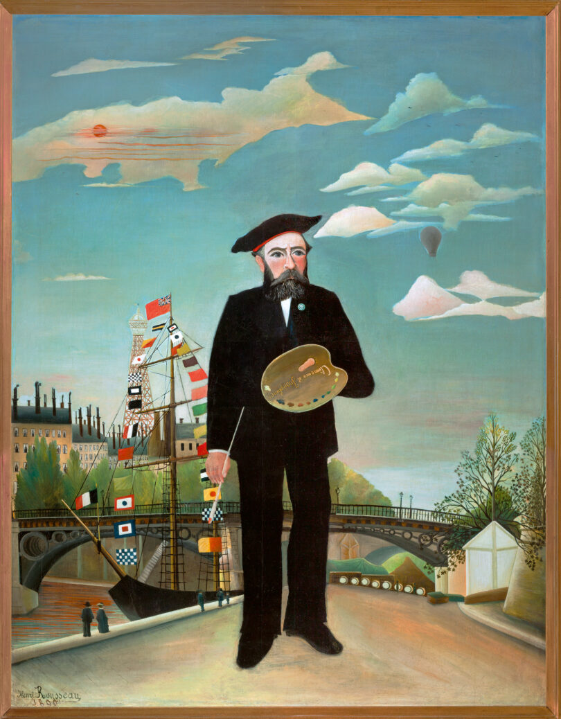 In seinem programmatischen Gemälde „Ich selbst. Porträt-Landschaft“, das er 1890 im Salon des Indépendants ausstellte, zeigt sich Henri Rousseau vor der Kulisse von Paris als selbstbewusster Künstler
