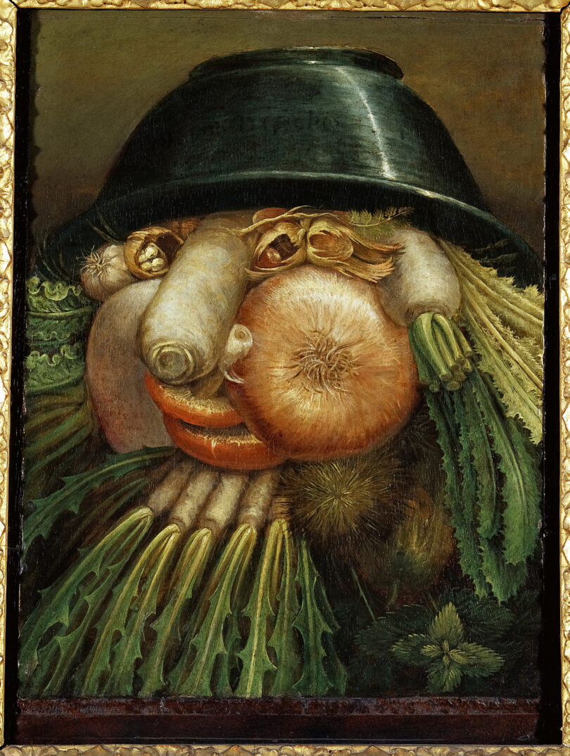 Auf Giuseppe Arcimboldis Gmälde im Rijksmuseum formen verschiedenes Gemüse ein Gesicht. Die Figur trägt eine Schüssel wie einen Hut.