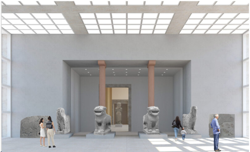 Nachbildung der Palastfassade von Tell Halaf mit den Steinfiguren des 10./9. Jahrhunderts v. Chr., Rendering vom Übergang des neuen, vierten Flügels zum Vorderasiatischen Museum. © Kleihues + Kleihues Architekten