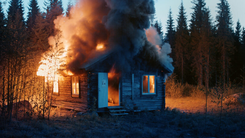 Auf dem Foto ist ein brennendes Haus im Wald zu sehen