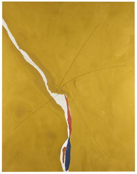 Ein abstraktes Gemälde Helen Frankenthaler zeigt eine gelbe Fläche, durch die ein weißer Strich geht