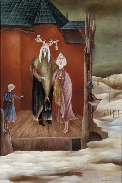 Auf dem Bild von Leonora Carrington sind zwei große und eine kleine Figur zu sehen