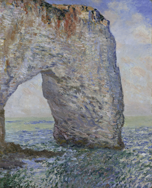 Auf dem Gemälde von Claude Monet sieht man das Meer und Kreidefelsen, die wie ein Tor über das Wasser ragen