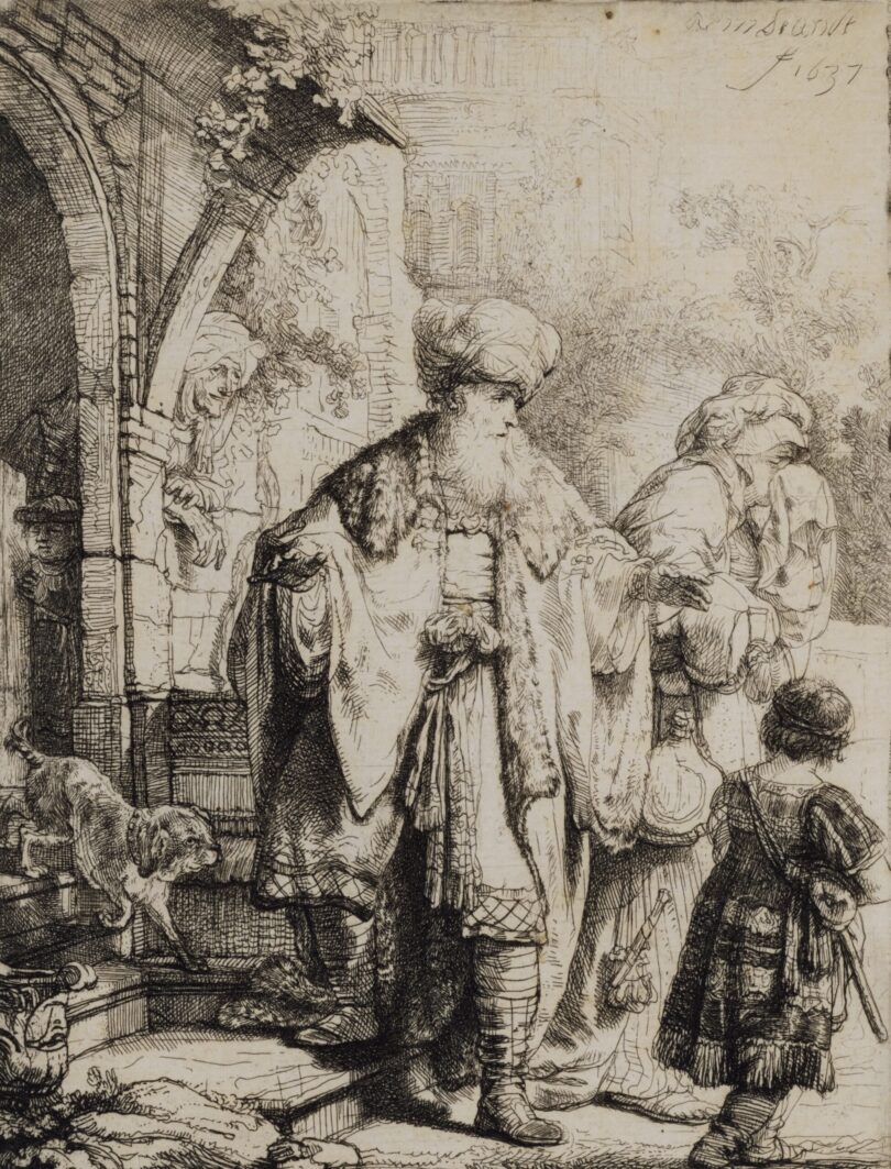 Radierung auf der ein Mann mit Turban und Umhang zu sehen ist.