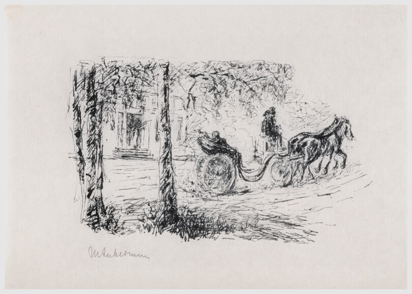 Illustration eine Pferdekutsche, umgeben von Bäumen und einem Hauseingang
