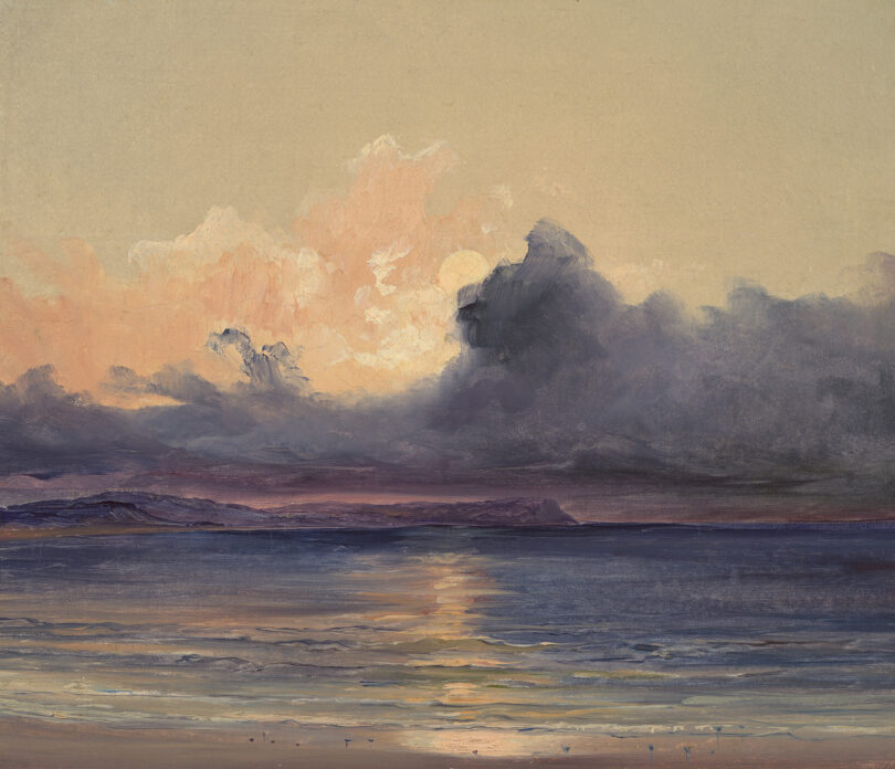Gemälde mit Blick auf das Meer, dunkle Wolken ziehen auf.