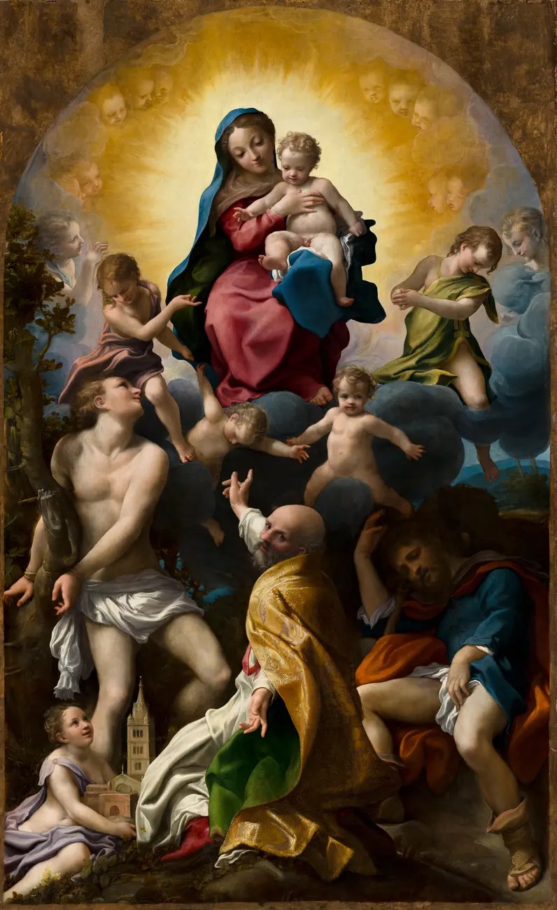 Darstellung der Madonna des heiligen Georg mit Jesus, umgeben von Putten