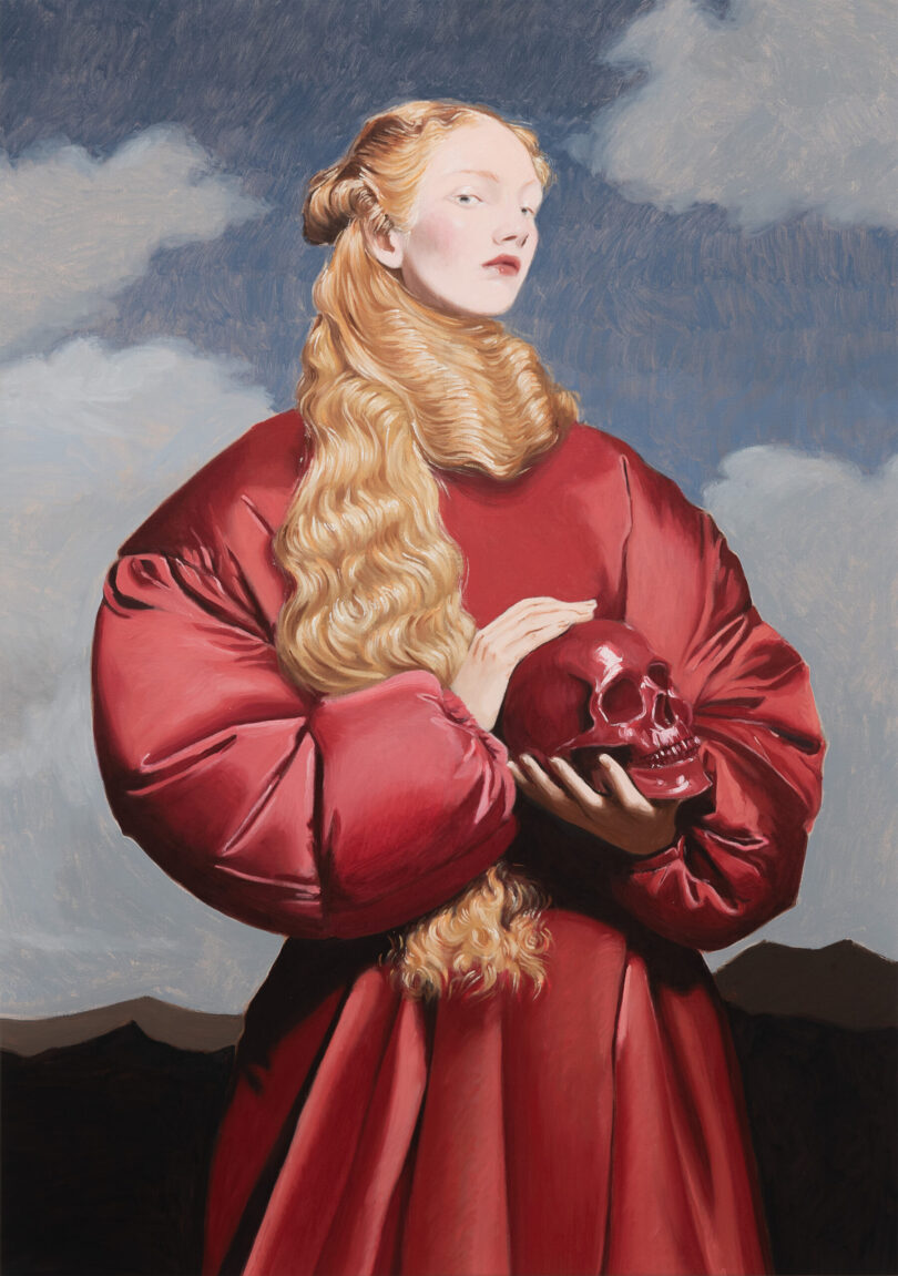 Darstellung der Maria Magdalena in rotem Kleid mit Totenschädel in den Händen