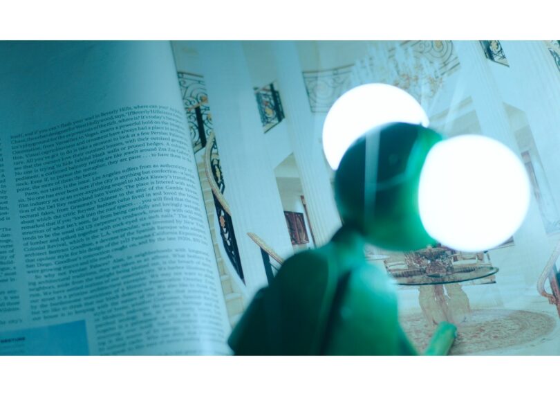 Grüne Insektenpuppe betrachtet Abbildungen eines „Persian Palace
