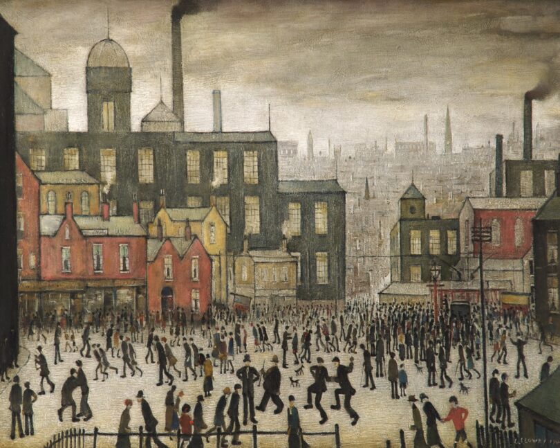 Auf dem Gemälde von L. S. Lowry sieht man eine Stadt und einen Platz mit vielen Menschen